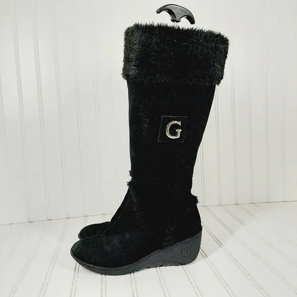 Guess Black Suede Leather Fur Winter Wedge Heel Riding Grip Sole Boots C267