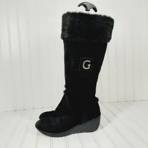 Guess Black Suede Leather Fur Winter Wedge Heel Riding Grip Sole Boots C267