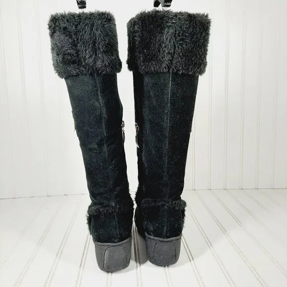 Guess Black Suede Leather Fur Winter Wedge Heel Riding Grip Sole Boots C267