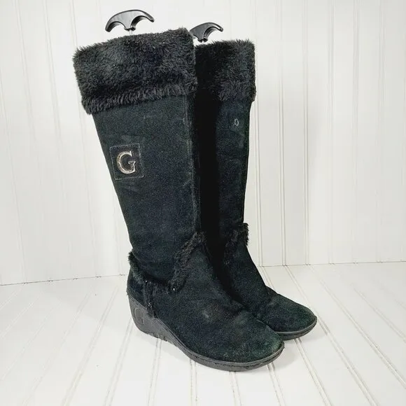 Guess Black Suede Leather Fur Winter Wedge Heel Riding Grip Sole Boots C267