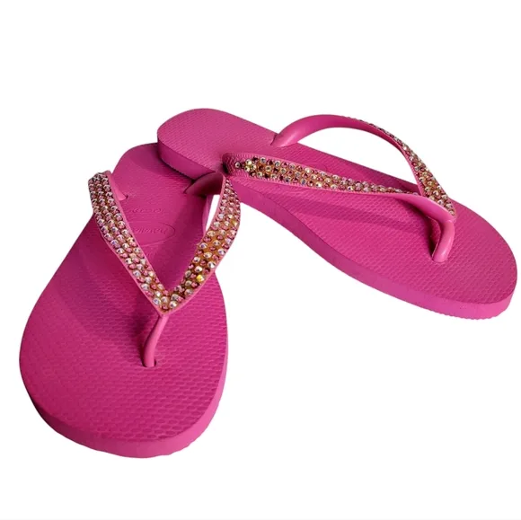 Havaianas Women's Pink Rhinestone Embellished Slim Flip Flops Sandals Size 9