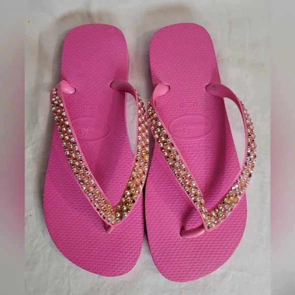 Havaianas Women's Pink Rhinestone Embellished Slim Flip Flops Sandals Size 9