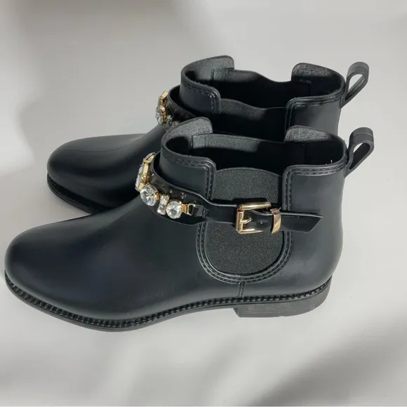Henry Ferrera Marsala Women’s Black Gem Embellished Short Rain Boots Size 8.