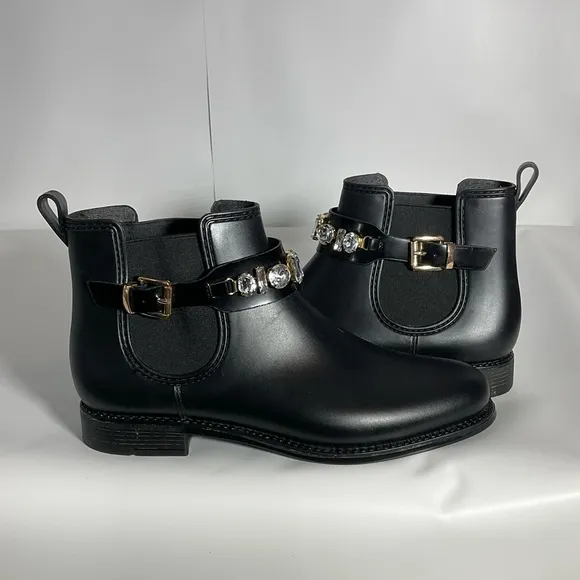 Henry Ferrera Marsala Women’s Black Gem Embellished Short Rain Boots Size 8.