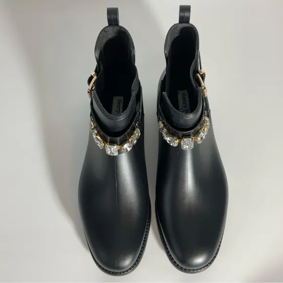 Henry Ferrera Marsala Women’s Black Gem Embellished Short Rain Boots Size 8.