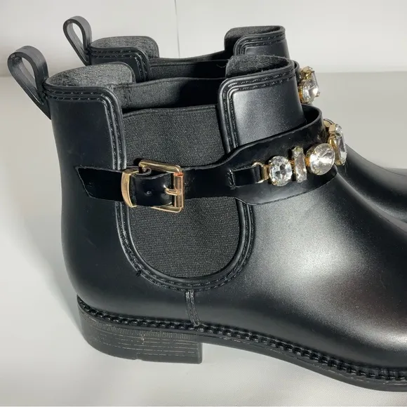 Henry Ferrera Marsala Women’s Black Gem Embellished Short Rain Boots Size 8.