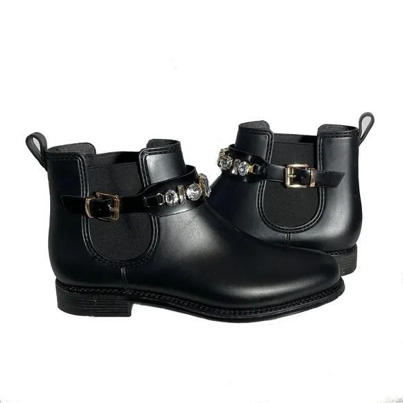 Henry Ferrera Marsala Women’s Black Gem Embellished Short Rain Boots Size 8.