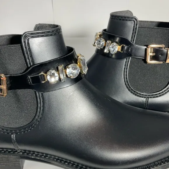 Henry Ferrera Marsala Women’s Black Gem Embellished Short Rain Boots Size 8.