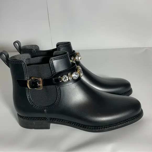 Henry Ferrera Marsala Women’s Black Gem Embellished Short Rain Boots Size 8.