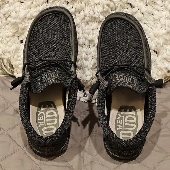 Hey Dude Black and Gray Slip-On Loafers with Textured Fabric