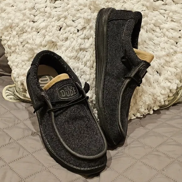 Hey Dude Black and Gray Slip-On Loafers with Textured Fabric