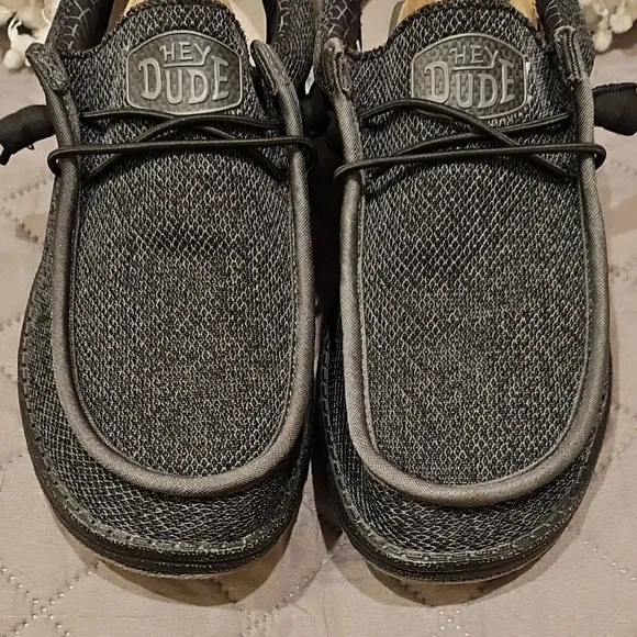 Hey Dude Black and Gray Slip-On Loafers with Textured Fabric
