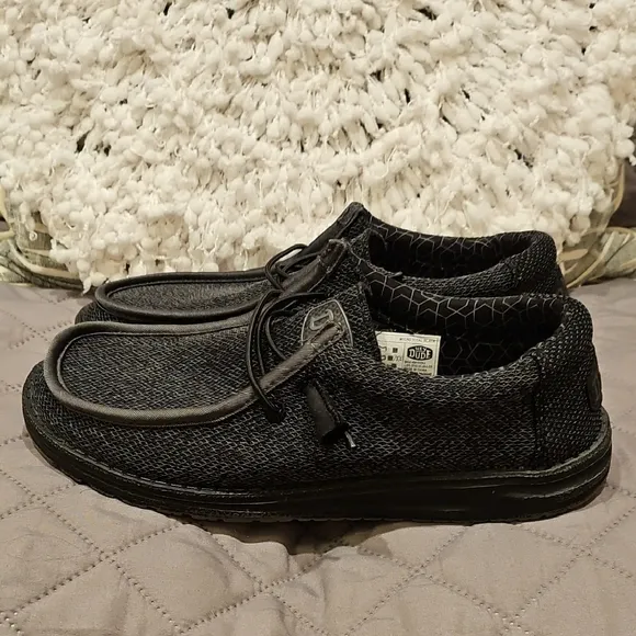 Hey Dude Black and Gray Slip-On Loafers with Textured Fabric