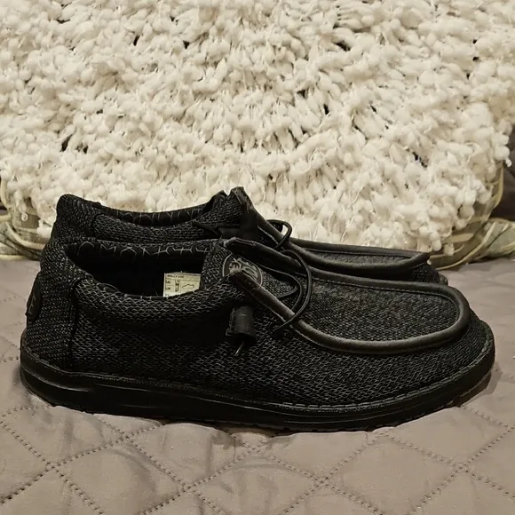 Hey Dude Black and Gray Slip-On Loafers with Textured Fabric