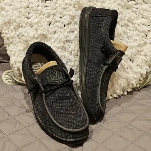 Hey Dude Black and Gray Slip-On Loafers with Textured Fabric