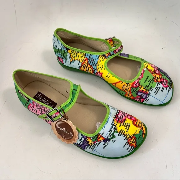 HOT CHOCOLATE Bon Voyage Women Mary Jane Globe Print Flats Size 40 us 10 NWT