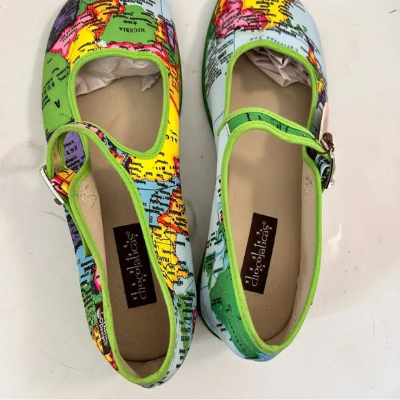 HOT CHOCOLATE Bon Voyage Women Mary Jane Globe Print Flats Size 40 us 10 NWT