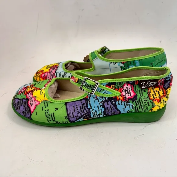 HOT CHOCOLATE Bon Voyage Women Mary Jane Globe Print Flats Size 40 us 10 NWT