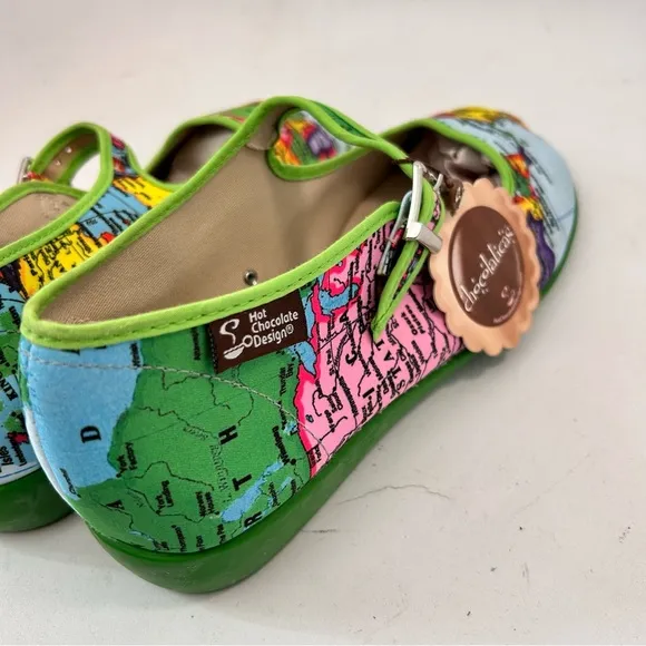 HOT CHOCOLATE Bon Voyage Women Mary Jane Globe Print Flats Size 40 us 10 NWT