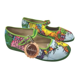 HOT CHOCOLATE Bon Voyage Women Mary Jane Globe Print Flats Size 40 us 10 NWT