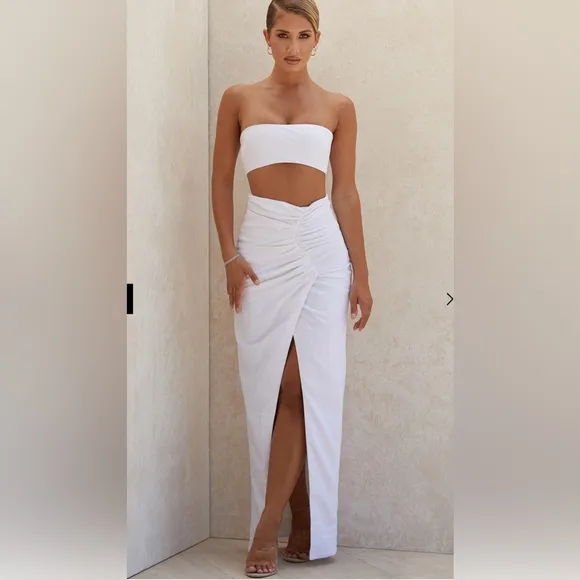 HOUSE OF CB- Jada Maxi Wrap Skirt White Linen Summer Classic Silhouette Poolside