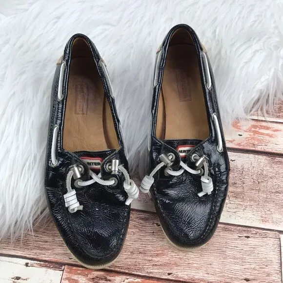 Hunter black patent leather loafers