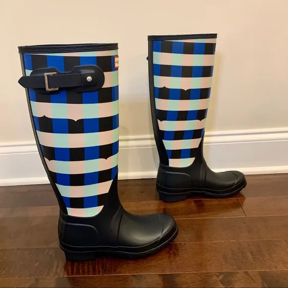 Hunter Original Tall Gingham Waterproof Rain Boots Women Size 5