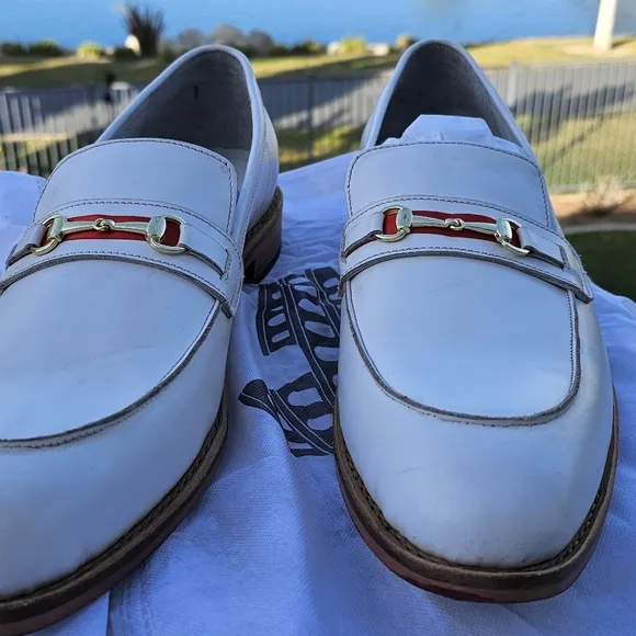 Italian Handmade White Leather Loafers with Red and Green Accent. New. Size 15.
