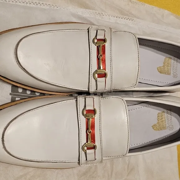 Italian Handmade White Leather Loafers with Red and Green Accent. New. Size 15.