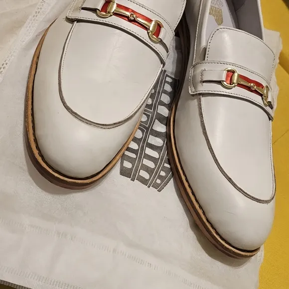 Italian Handmade White Leather Loafers with Red and Green Accent. New. Size 15.