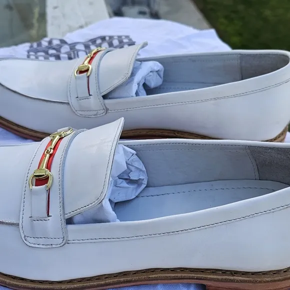 Italian Handmade White Leather Loafers with Red and Green Accent. New. Size 15.