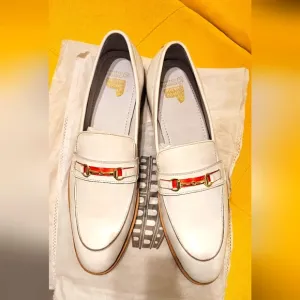 Italian Handmade White Leather Loafers with Red and Green Accent. New. Size 15.