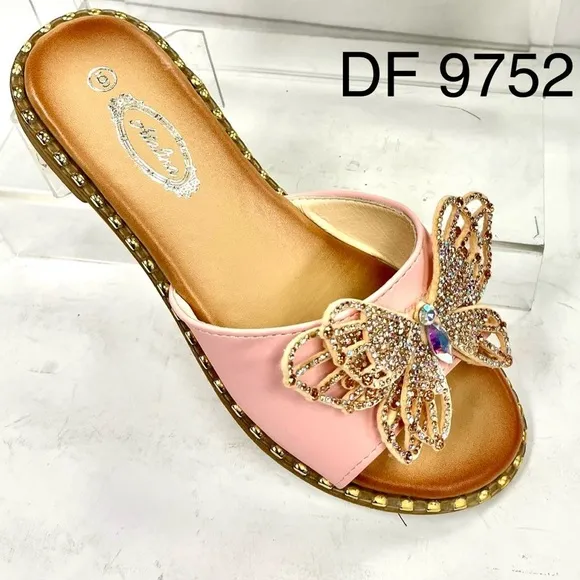 Italina Pink Single Strap Silver AB Rhinestone Butterfly Studded Flatform Sandal