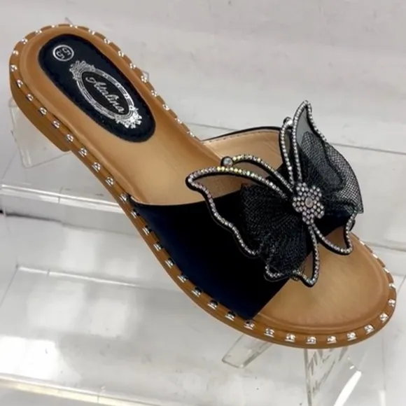 Italina Pink Single Strap Silver AB Rhinestone Butterfly Studded Flatform Sandal