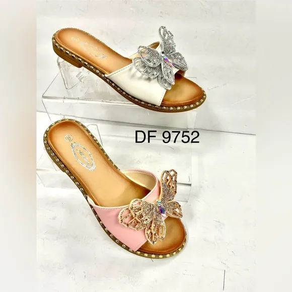 Italina Pink Single Strap Silver AB Rhinestone Butterfly Studded Flatform Sandal