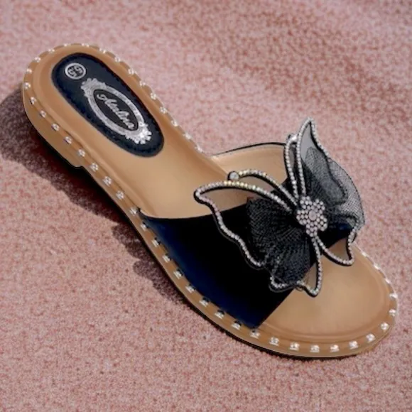 Italina Pink Single Strap Silver AB Rhinestone Butterfly Studded Flatform Sandal