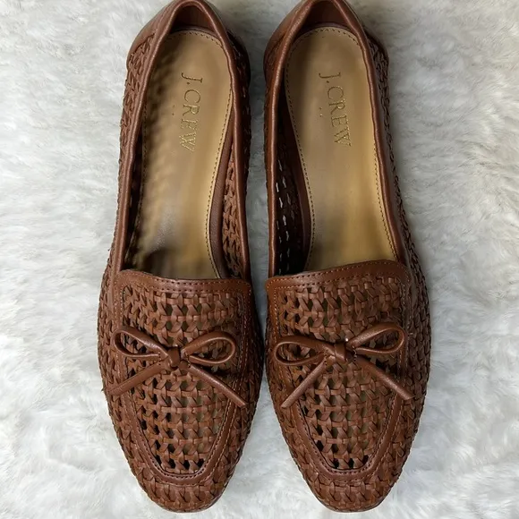 JCREW Woven Bow Loafer Flat Women 7.5 Vegan Leather Preppy Career Classic Cognac