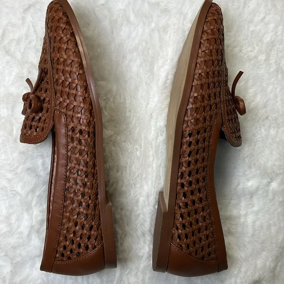 JCREW Woven Bow Loafer Flat Women 7.5 Vegan Leather Preppy Career Classic Cognac