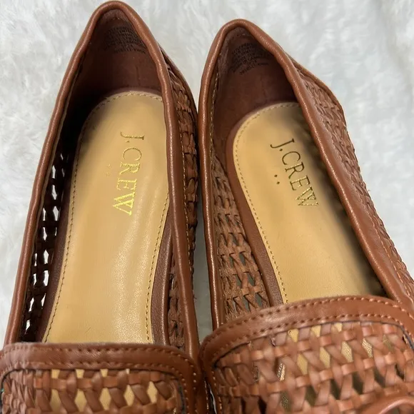 JCREW Woven Bow Loafer Flat Women 7.5 Vegan Leather Preppy Career Classic Cognac