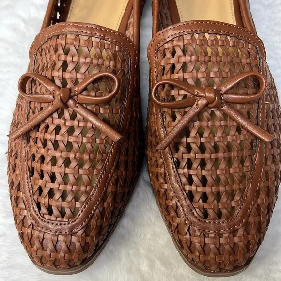 JCREW Woven Bow Loafer Flat Women 7.5 Vegan Leather Preppy Career Classic Cognac