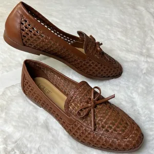 JCREW Woven Bow Loafer Flat Women 7.5 Vegan Leather Preppy Career Classic Cognac