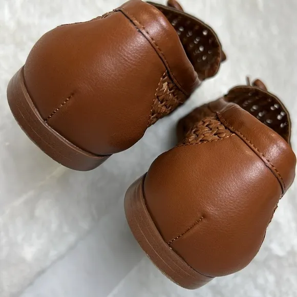 JCREW Woven Bow Loafer Flat Women 7.5 Vegan Leather Preppy Career Classic Cognac