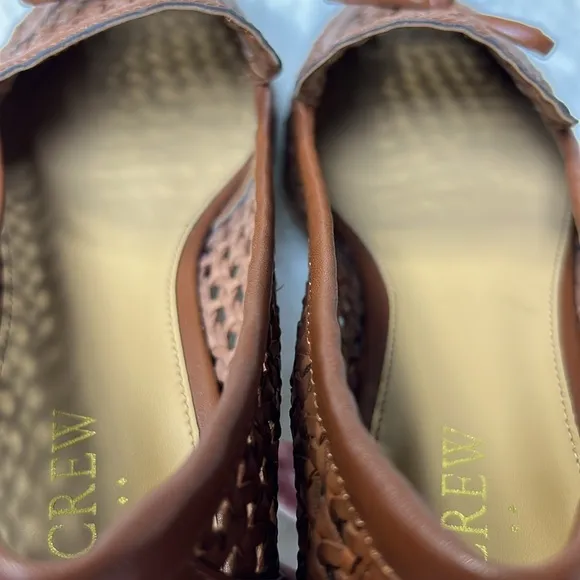 JCREW Woven Bow Loafer Flat Women 7.5 Vegan Leather Preppy Career Classic Cognac