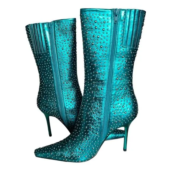 Jeffrey Campbell Iconic-E Stiletto Studded Boots In Aqua Metallic Size 7.5