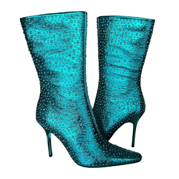 Jeffrey Campbell Iconic-E Stiletto Studded Boots In Aqua Metallic Size 7.5