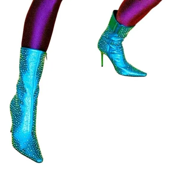 Jeffrey Campbell Iconic-E Stiletto Studded Boots In Aqua Metallic Size 7.5