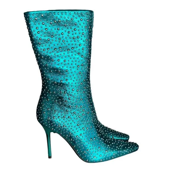 Jeffrey Campbell Iconic-E Stiletto Studded Boots In Aqua Metallic Size 7.5