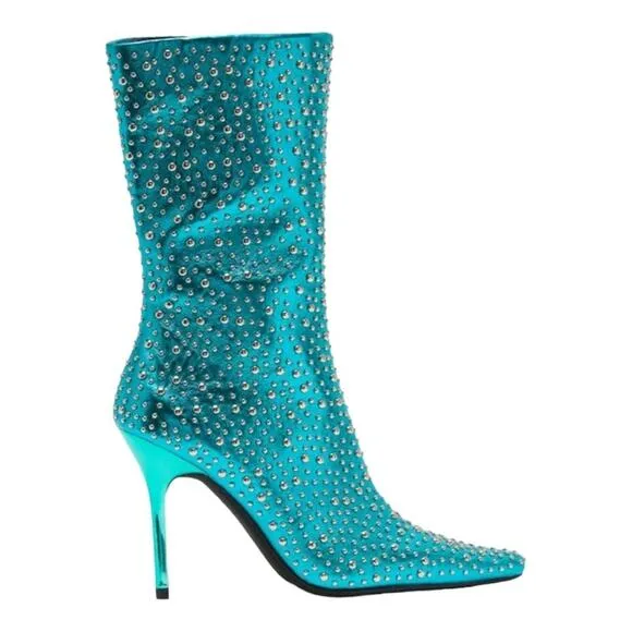 Jeffrey Campbell Iconic-E Stiletto Studded Boots In Aqua Metallic Size 7.5
