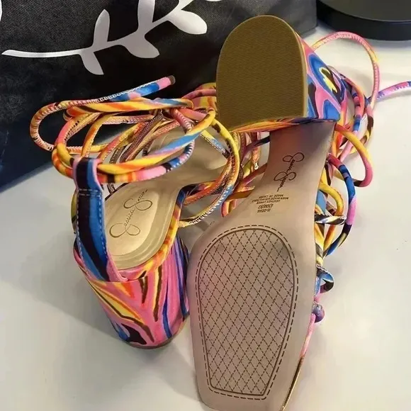 Jessica Simpson Printed Strappy Ankle Wrap Dress Sandals New