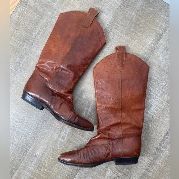 JOAN &amp; DAVID | Italian Ostrich Leather Western Cowboy Mid Calf Boots Vintage